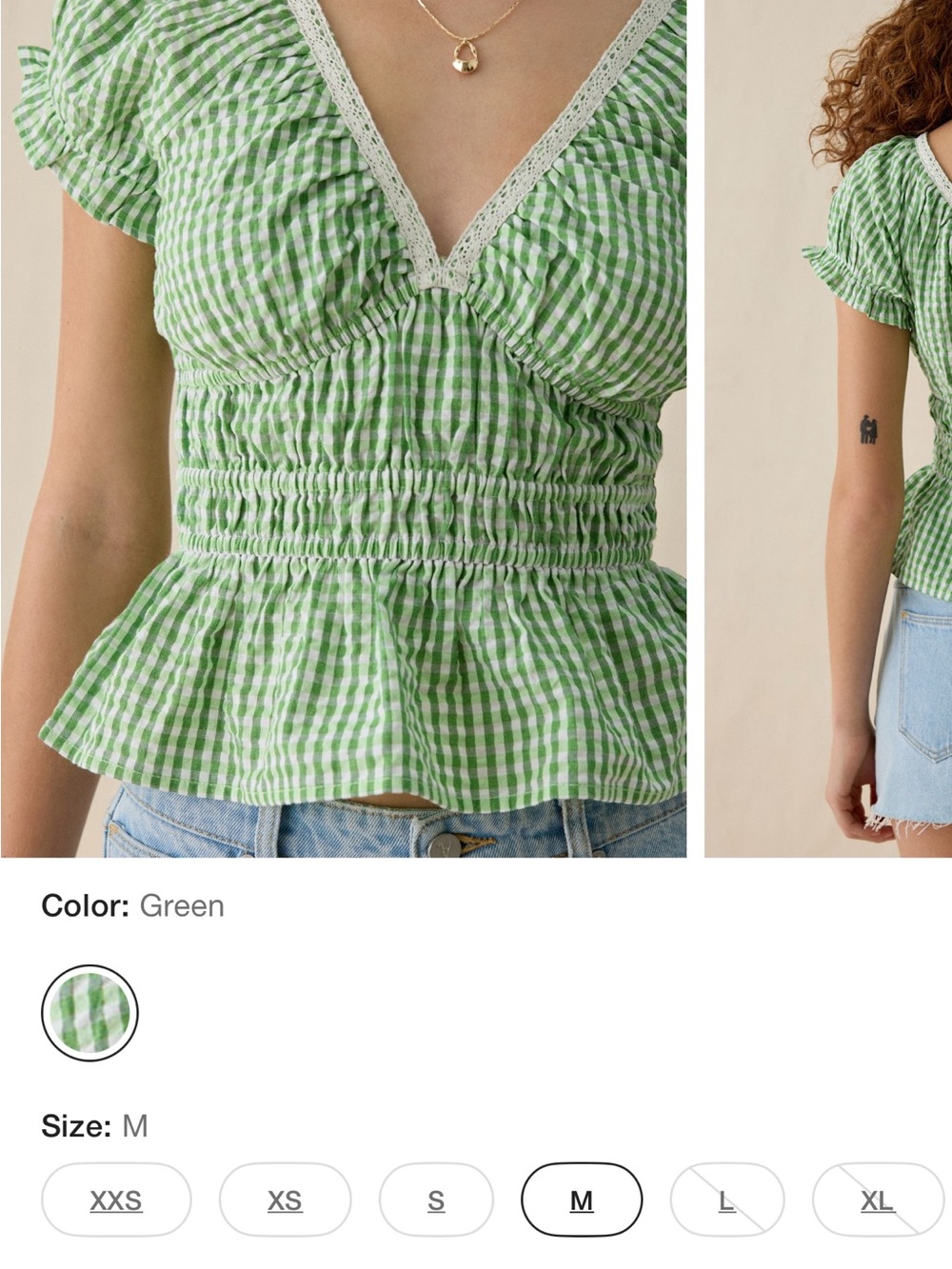 Kimchi Blue Urban Outfitters NWOT Green Gingham Smocked Top with Lace Trim